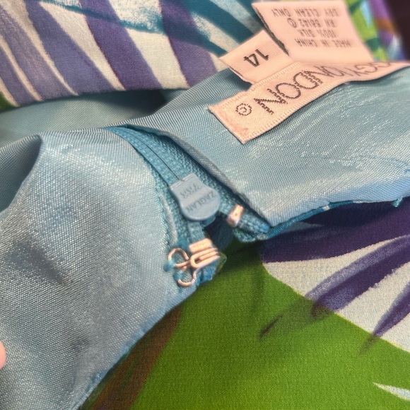 Maggy London Aqua Silk Floral Tropical Sleeveless Sheath Dress Women’s Size 14 - Picture 8 of 9